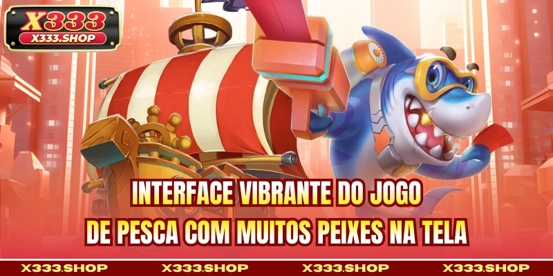 Interface vibrante do jogo de pesca com muitos peixes na tela