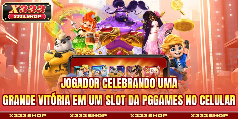 Jogador celebrando uma grande vitória em um slot da PGGames no celular